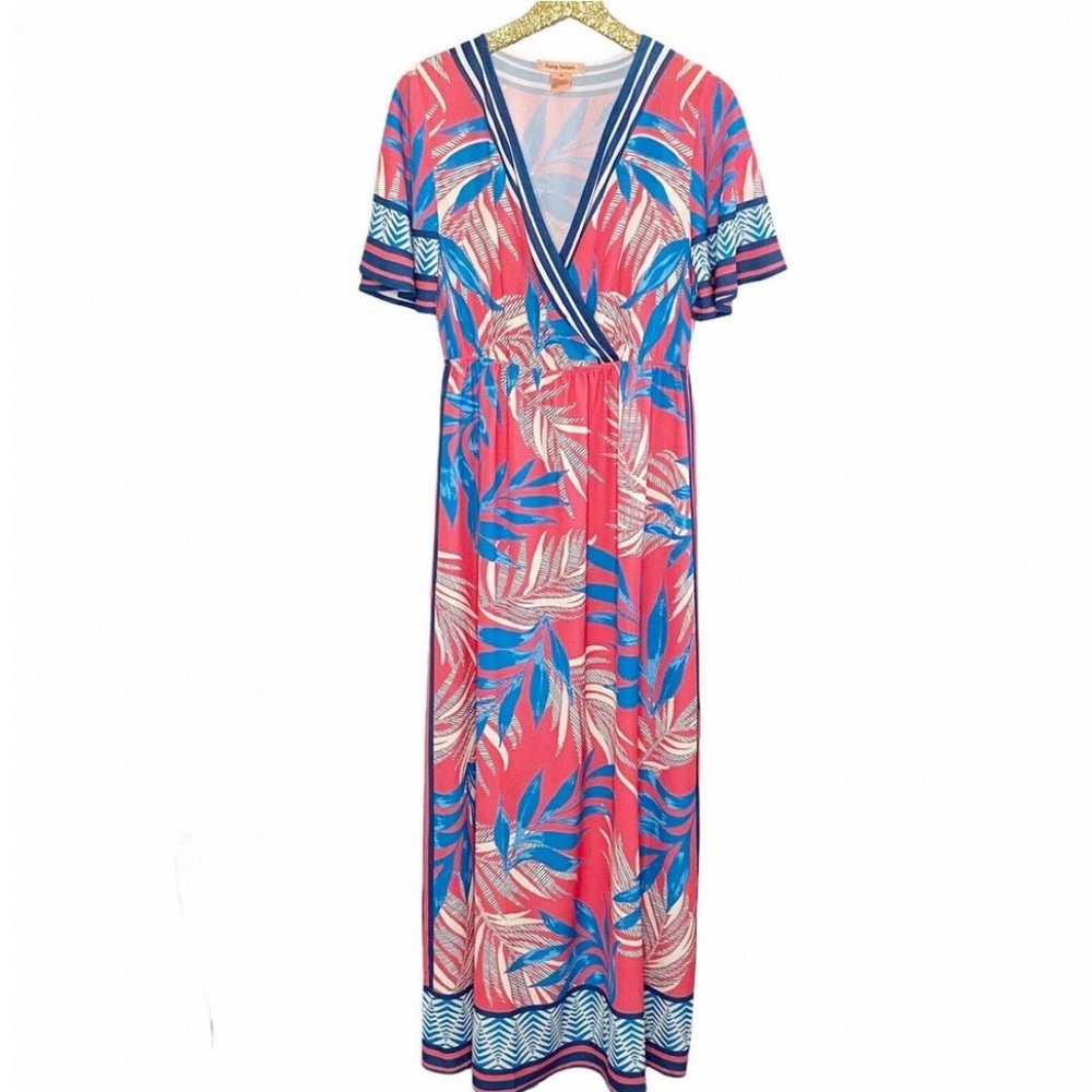 FLYING TOMATO Palm Leaf Print Maxi Dress  Flutter Sleeve Women’s S